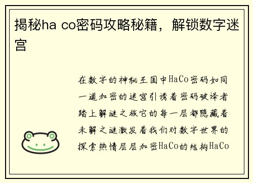 揭秘ha co密码攻略秘籍，解锁数字迷宫