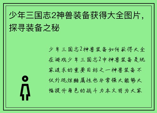 少年三国志2神兽装备获得大全图片，探寻装备之秘