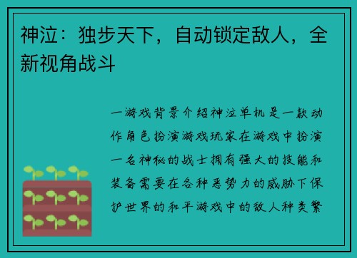 神泣：独步天下，自动锁定敌人，全新视角战斗